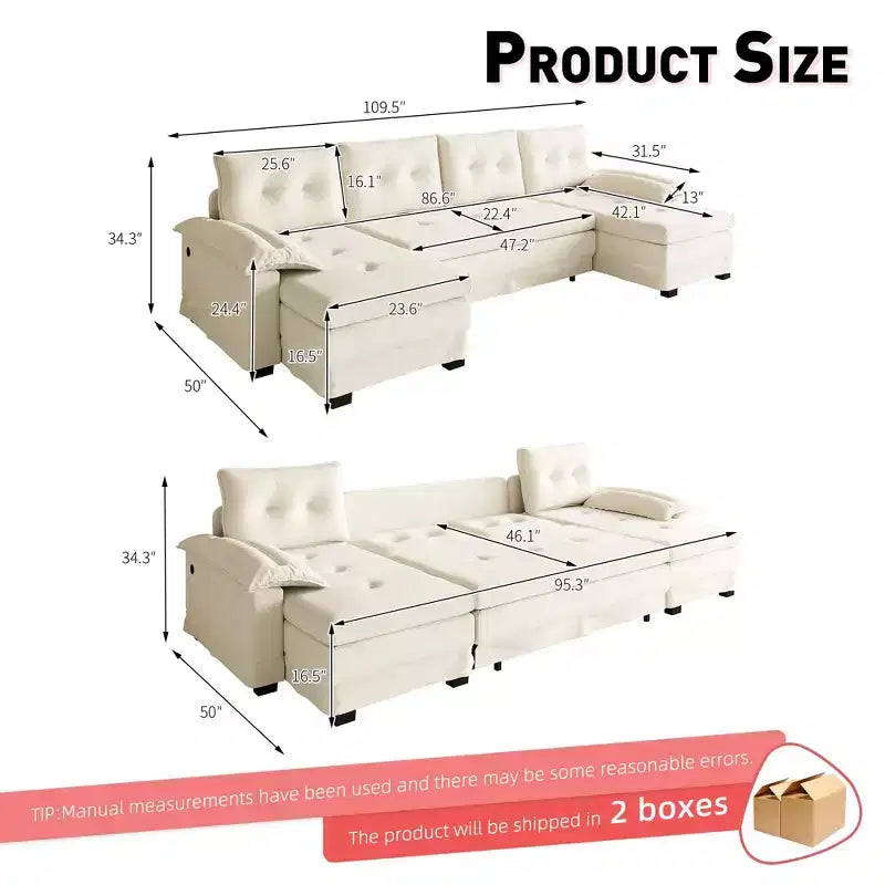 Canapé convertible en chenille en U de 280 cm avec lit gigogne et ports USB, 5 places
