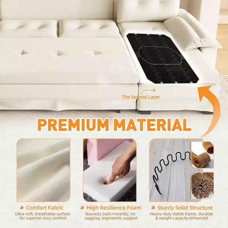Canapé convertible en chenille en U de 280 cm avec lit gigogne et ports USB, 5 places