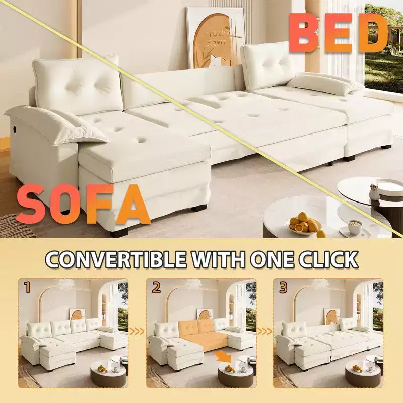 Canapé convertible en chenille en U de 280 cm avec lit gigogne et ports USB, 5 places