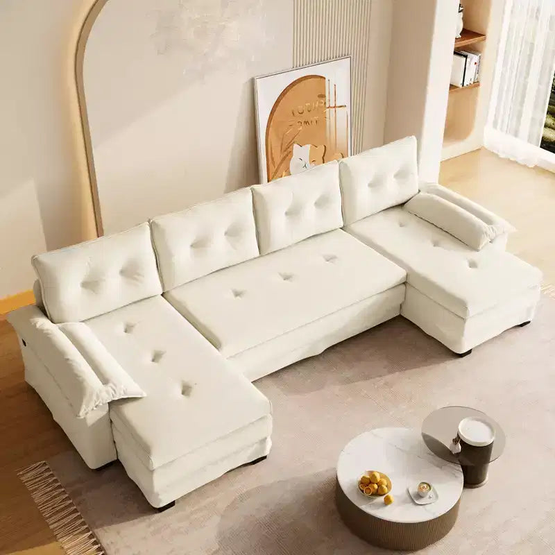 GDFStudio Yuna Modern Iron and Wooden Chenille Upholstered 110 U-Shaped Sleeper Sofa with Pull Out Bed and USB Ports