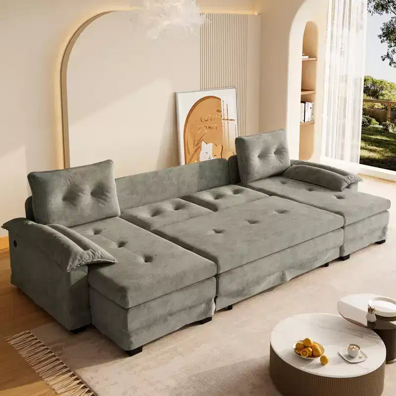 Canapé convertible en chenille en U de 280 cm avec lit gigogne et ports USB, 5 places