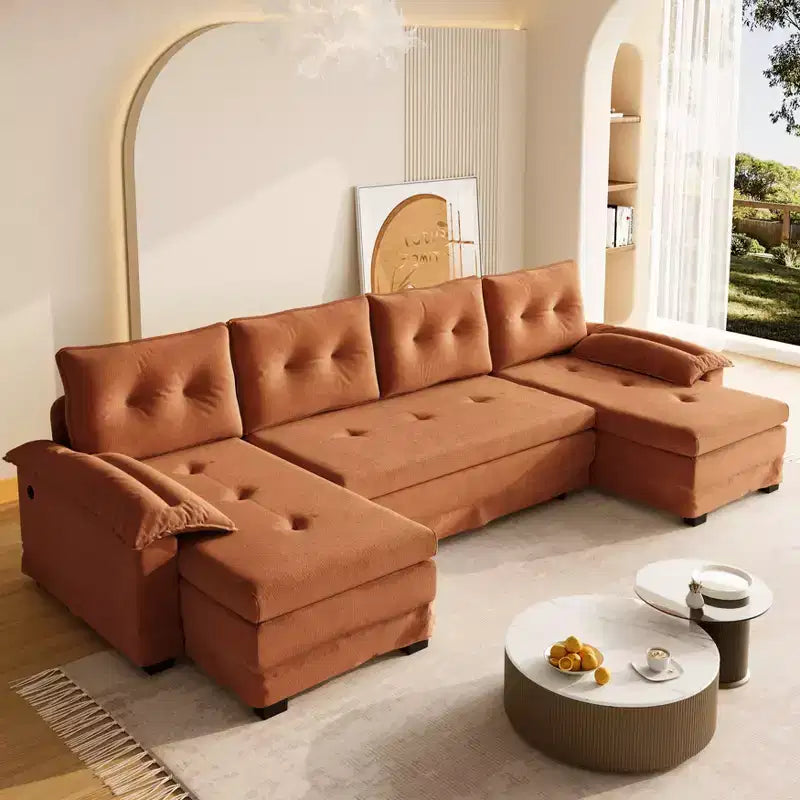 Canapé convertible en chenille en U de 280 cm avec lit gigogne et ports USB, 5 places