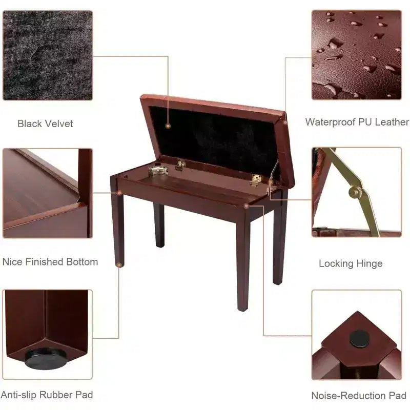 Banc de piano marron à plateau capitonné avec rangement, capacité de 136 kg