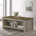 Nyla 43W Gray Oak Coffee Table with Open Shelves, Front Back Shelves Walnut Finish Contrast Tabletop Living Room Table