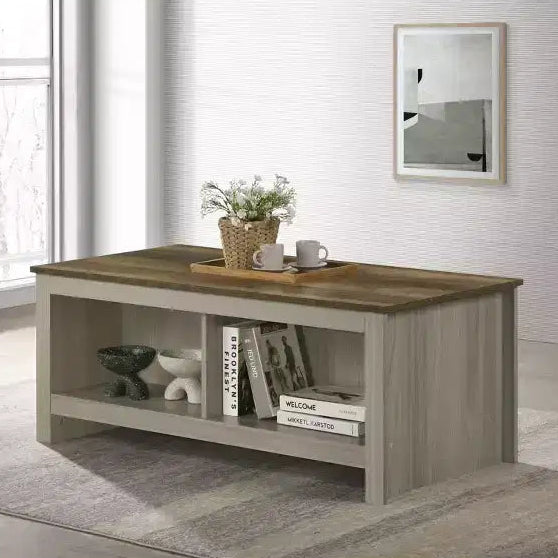 Nyla 43W Gray Oak Coffee Table with Open Shelves, Front Back Shelves Walnut Finish Contrast Tabletop Living Room Table