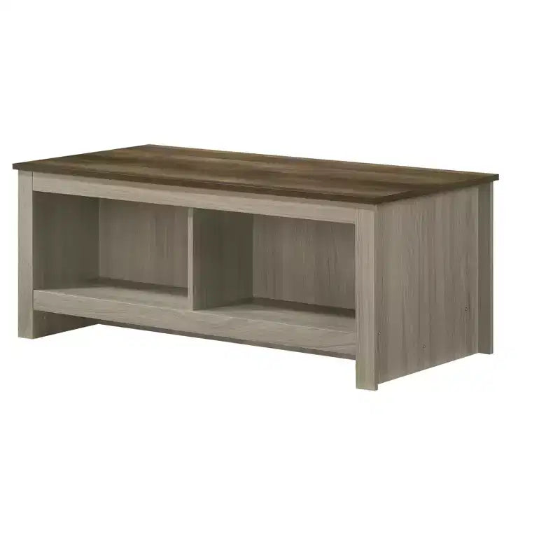 Table basse rectangulaire de 43 po avec étagères ouvertes, dessus contrastant en chêne gris et noyer