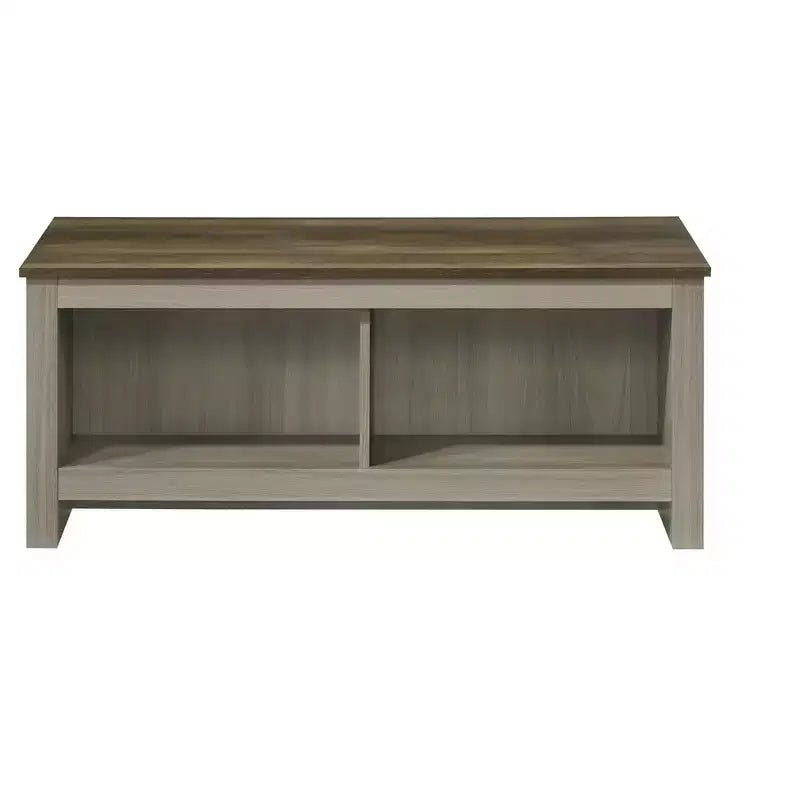 Table basse rectangulaire de 43 po avec étagères ouvertes, dessus contrastant en chêne gris et noyer