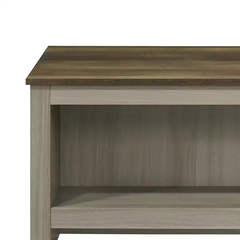 Table basse rectangulaire de 43 po avec étagères ouvertes, dessus contrastant en chêne gris et noyer