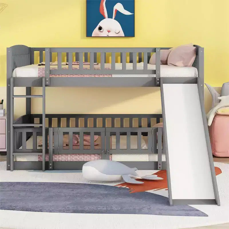 FAMYYT Full Size Wood Bunk Bed With Slide, Fence and Ladder, Easy Assembly