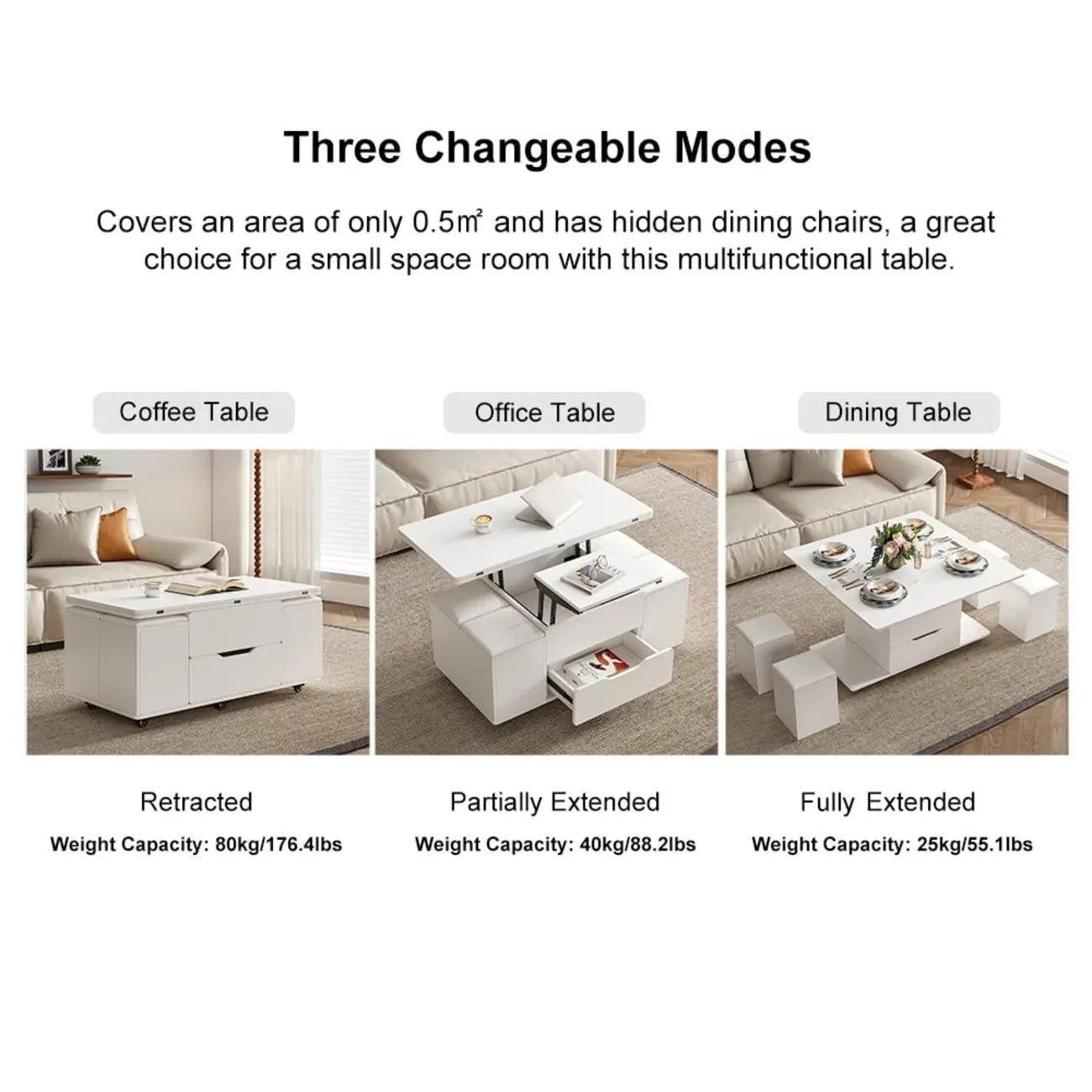 Table basse relevable pliable avec 4 tabourets et rangement