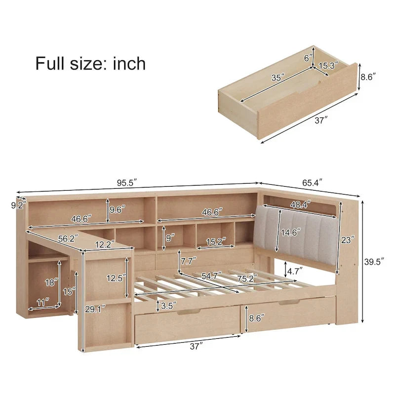 Canapé-lit d'angle en bois en forme de L avec bureau, bibliothèque, lit d'angle avec tiroirs de rangement, tête de lit rembourrée et éclairage intégré