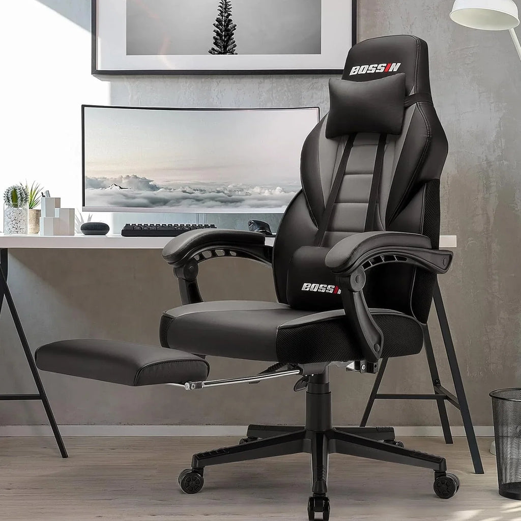 Chaise de jeu style course BOSSIN, fauteuil gamer grande taille 300 lb, chaise d'ordinateur à dossier haut