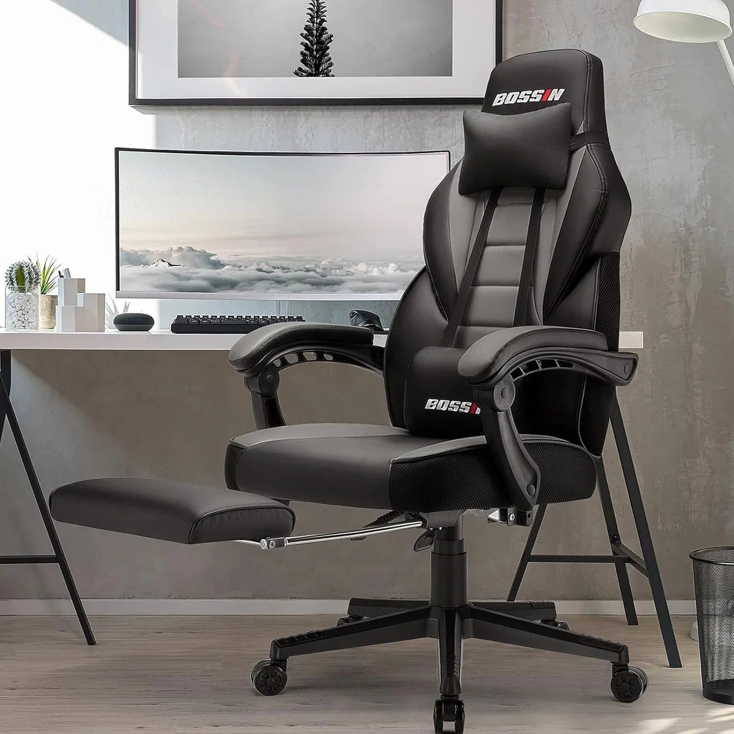 Chaise de jeu style course BOSSIN, fauteuil gamer grande taille 300 lb, chaise d'ordinateur à dossier haut