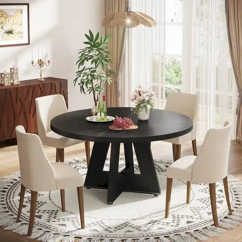 Table à manger ronde de 120 cm pour 4 personnes, table de salle à manger/cuisine/salon en bois style ferme