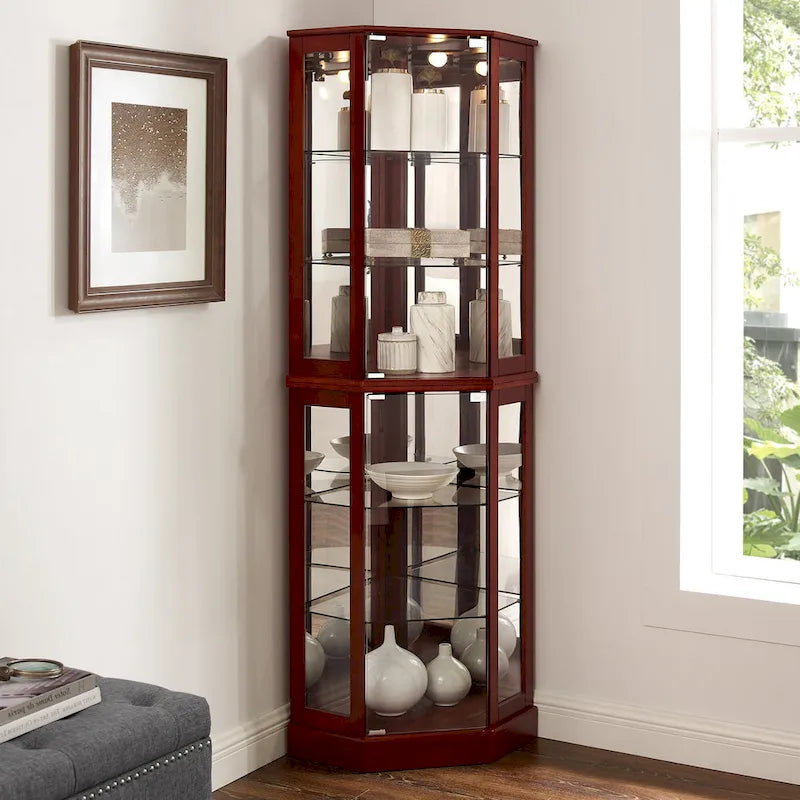 Vitrine d'angle à 6 étagères avec lumières, miroirs et étagères réglables, merisier