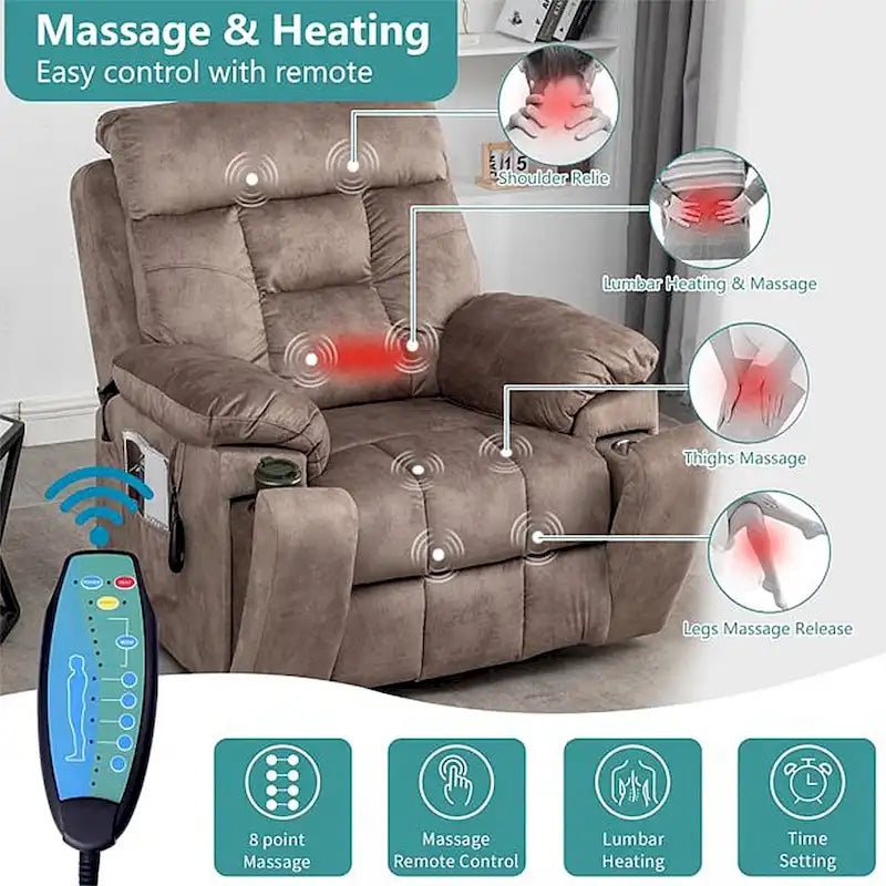 Grand fauteuil inclinable de massage électrique avec fonction de levage, chauffage et porte-gobelet dissimulé