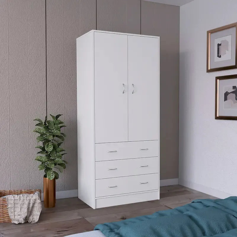 19 Armoire moderne à deux portes avec 3 tiroirs et 1 tringle de penderie pour chambre à coucher