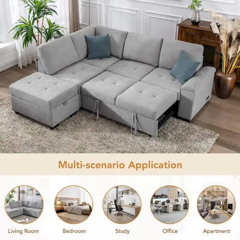 Canapé d'angle convertible 5 places en L 84,75 po avec pouf de rangement, rangement de bras dissimulé et chargement USB pour salon