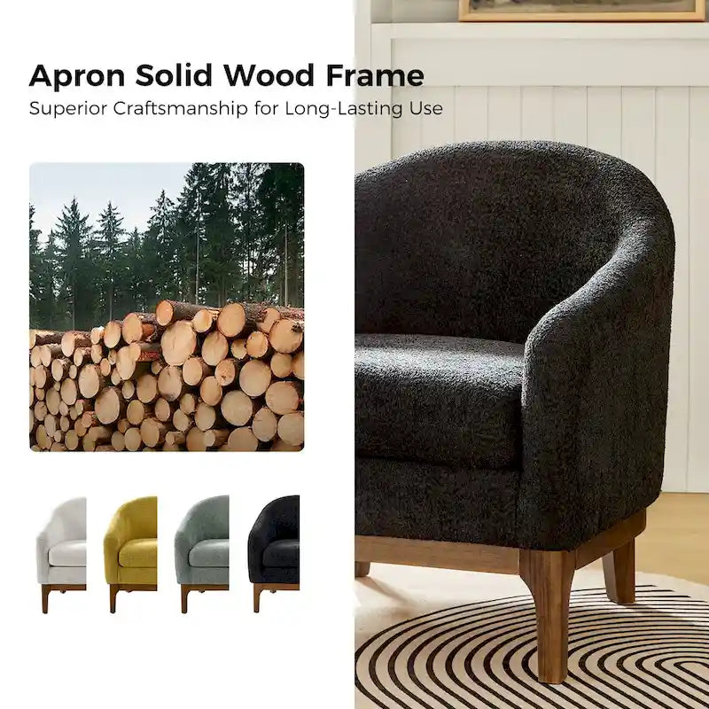 Fauteuil tonneau moderne Augus en bouclette avec pieds en bois massif par HULALA HOME