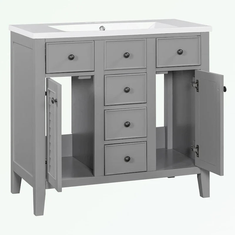 Meuble-lavabo avec vasque en céramique, deux placards et cinq tiroirs