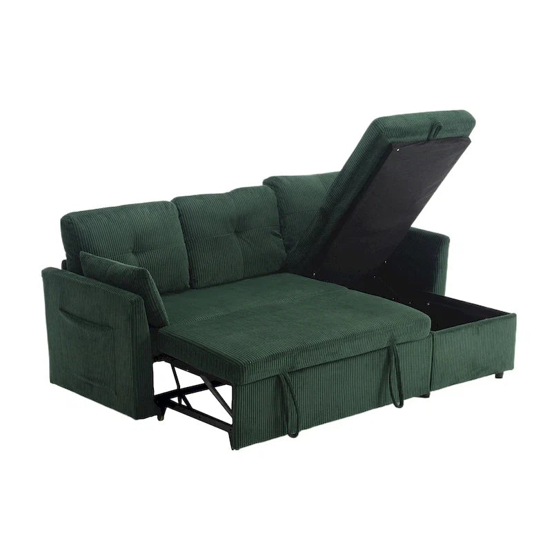 Canapé d'angle réversible en velours côtelé/chenille avec chaise longue de rangement et poche latérale