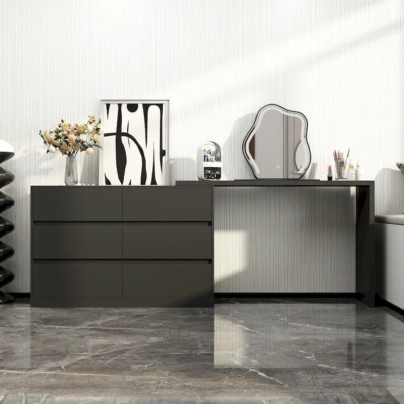 Commode pivotante 32,7H et bureau coiffeuse 6 tiroirs Blanc/Noir