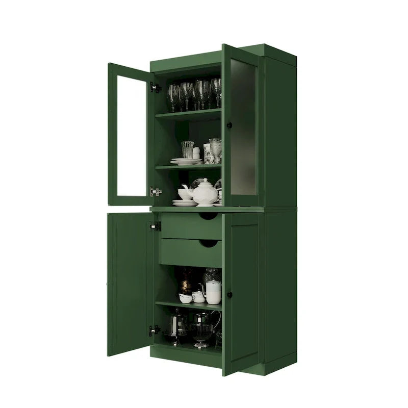 Meuble de rangement en bois massif avec portes en verre dépoli, portes pleines, 2 tiroirs et étagères réglables