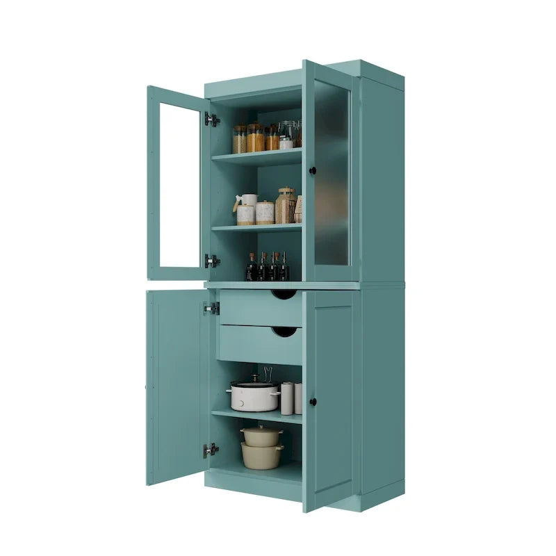 Meuble de rangement en bois massif avec portes en verre dépoli, portes pleines, 2 tiroirs et étagères réglables