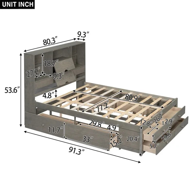 Lit plateforme King Size avec tête de lit de rangement et 8 tiroirs