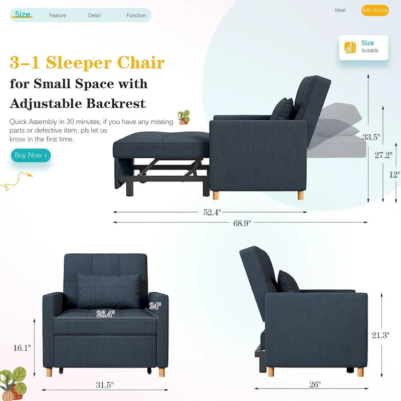AECOJOY Fauteuil Convertible 3-en-1 avec Oreiller et Dossier Réglable