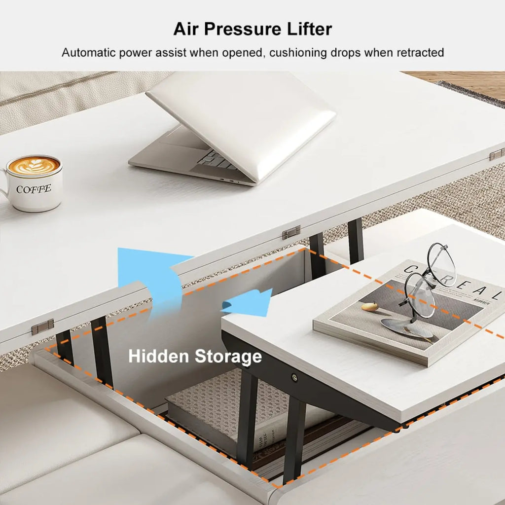 Table basse relevable pliable avec 4 tabourets et rangement
