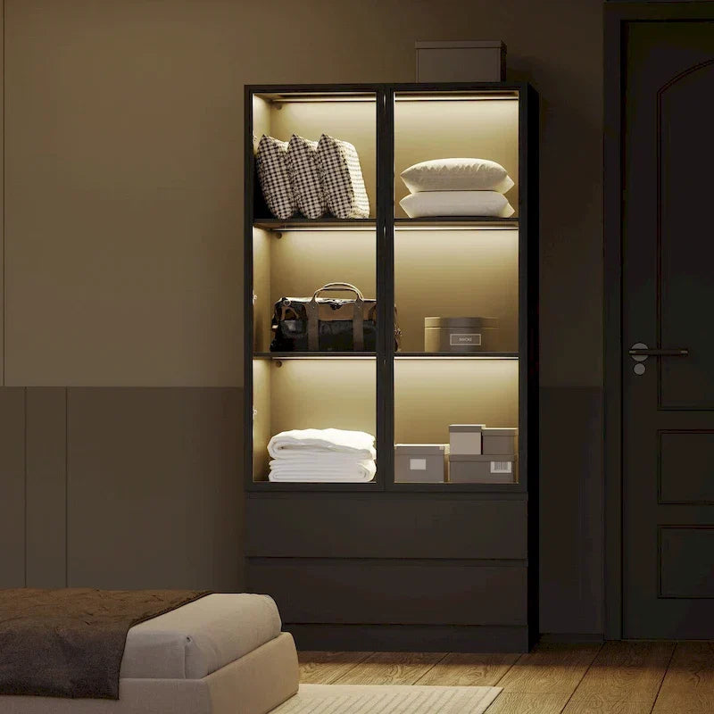 Vitrine de rangement, vitrine avec portes en verre trempé, vitrine avec 4 étagères de rangement