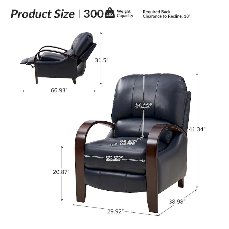 Fauteuil inclinable manuel Alex Mid-century Modern Cigar en cuir véritable avec accoudoirs incurvés en bois
