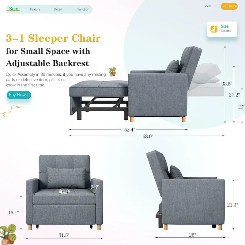 AECOJOY Fauteuil Convertible 3-en-1 avec Oreiller et Dossier Réglable