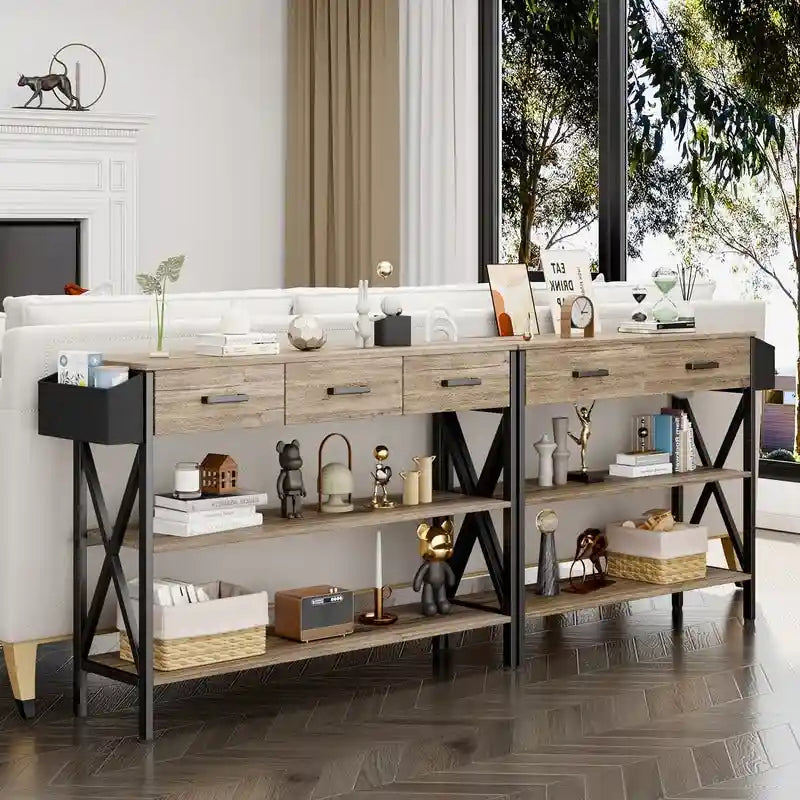 Console avec 3 tiroirs, table de canapé d'entrée avec 3 étagères de rangement