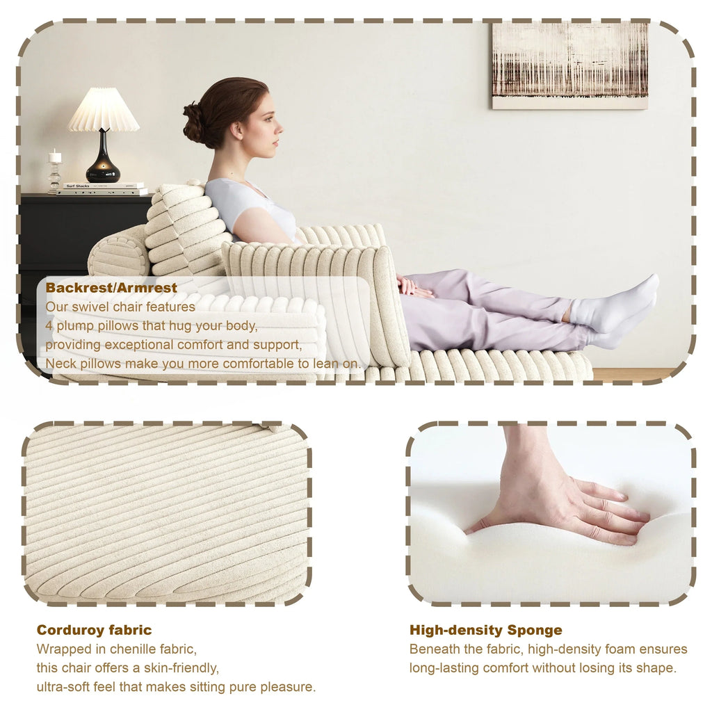 Fauteuil pivotant simple en velours côtelé et chenille avec rembourrage en mousse