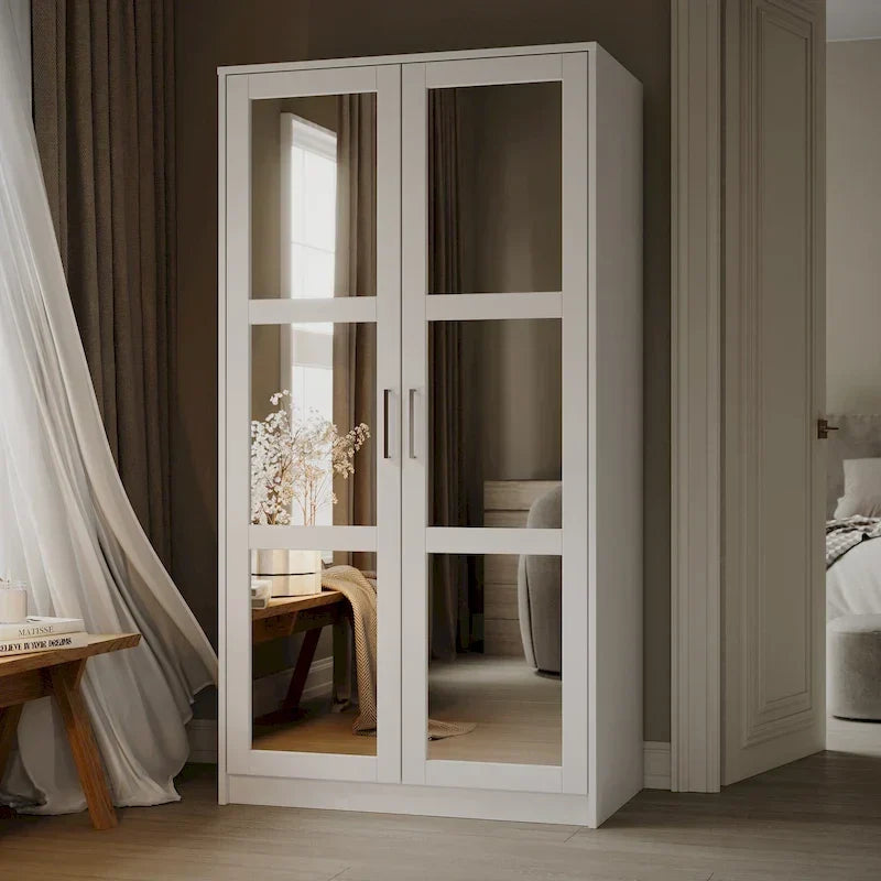Armoire urbaine à 2 portes 100 % en bois massif avec portes pleines et portes miroir