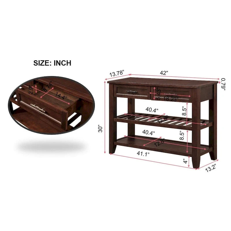 Table console de 42 po avec tiroirs et étagères à niveaux