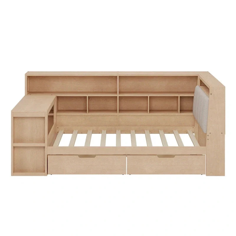 Canapé-lit d'angle en bois en forme de L avec bureau, bibliothèque, lit d'angle avec tiroirs de rangement, tête de lit rembourrée et éclairage intégré
