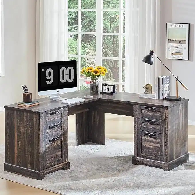 Bureau d'angle exécutif en forme de L 60 Farmhouse, bureau d'angle en bois, bureau d'ordinateur
