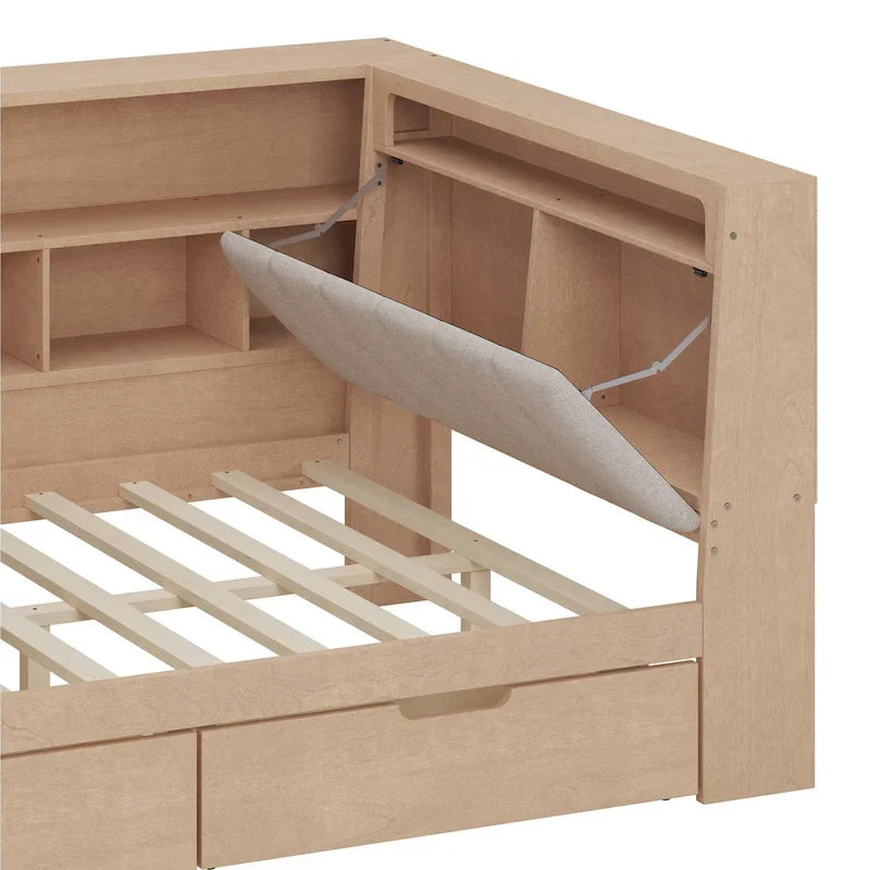 Canapé-lit d'angle en bois en forme de L avec bureau, bibliothèque, lit d'angle avec tiroirs de rangement, tête de lit rembourrée et éclairage intégré