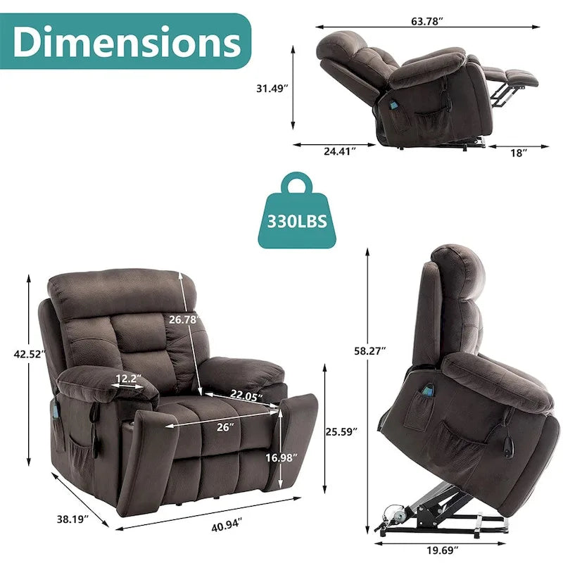 Grand fauteuil inclinable de massage électrique avec fonction de levage, chauffage et porte-gobelet dissimulé