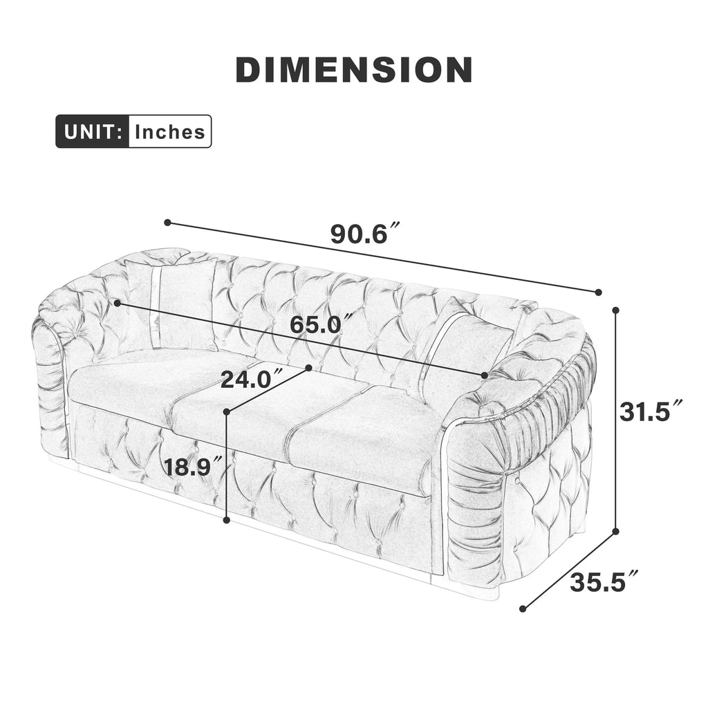 Canapé 3 places Velvet 90,6 po avec 2 oreillers, coussins haute densité, accents dorés et oreillers