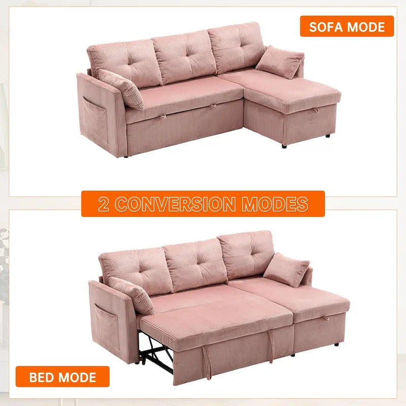 Canapé d'angle réversible en velours côtelé/chenille avec chaise longue de rangement et poche latérale
