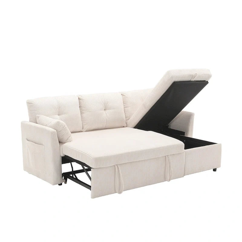Canapé d'angle réversible en velours côtelé/chenille avec chaise longue de rangement et poche latérale
