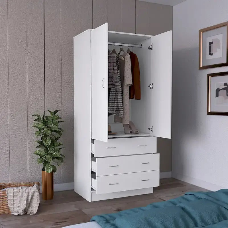 19 Armoire moderne à deux portes avec 3 tiroirs et 1 tringle de penderie pour chambre à coucher