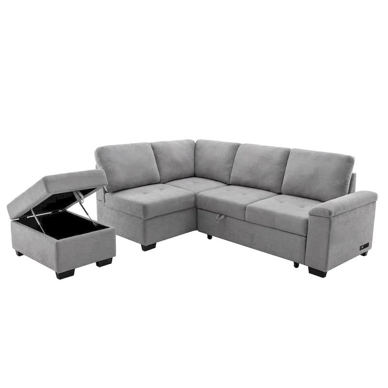 Canapé d'angle convertible 5 places en L 84,75 po avec pouf de rangement, rangement de bras dissimulé et chargement USB pour salon