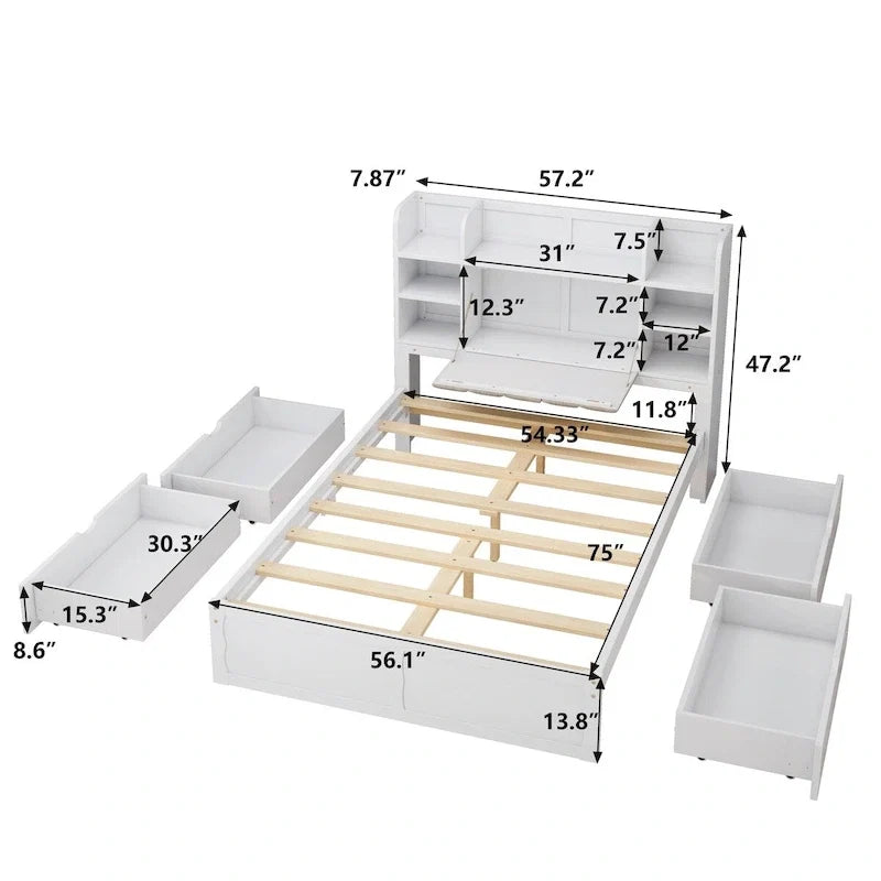 Cadre de lit avec 4 tiroirs de rangement portables sous le lit