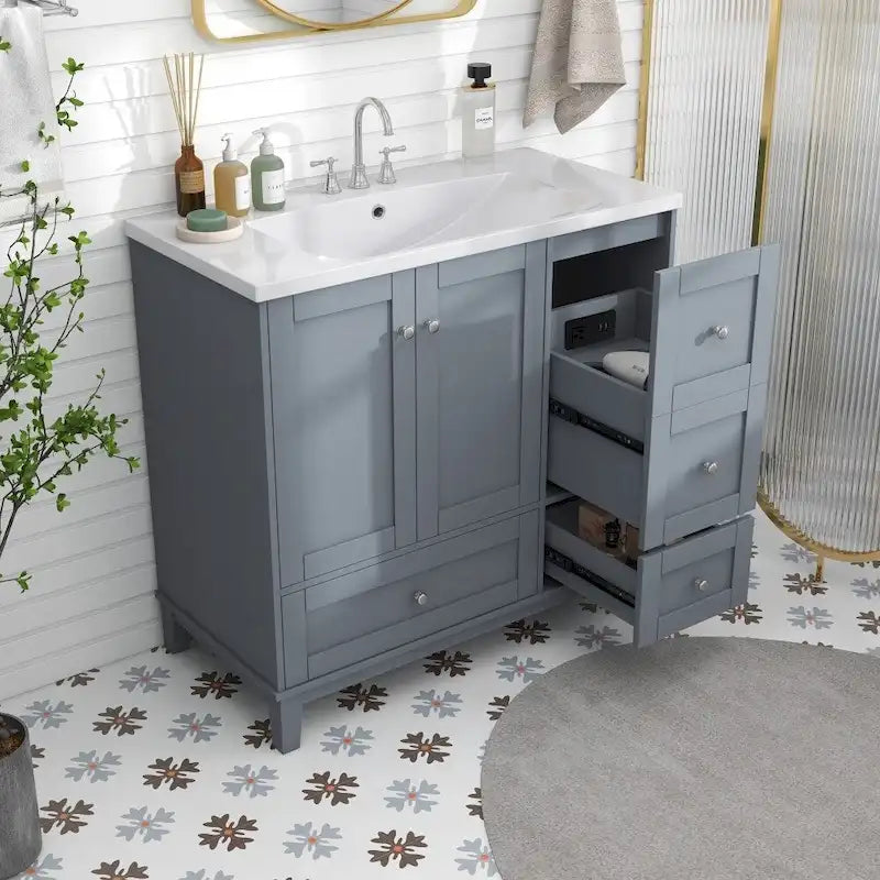 Meuble-lavabo de 36 pouces avec chargement USB, évier en résine, cadre en bois massif, 3 tiroirs de rangement
