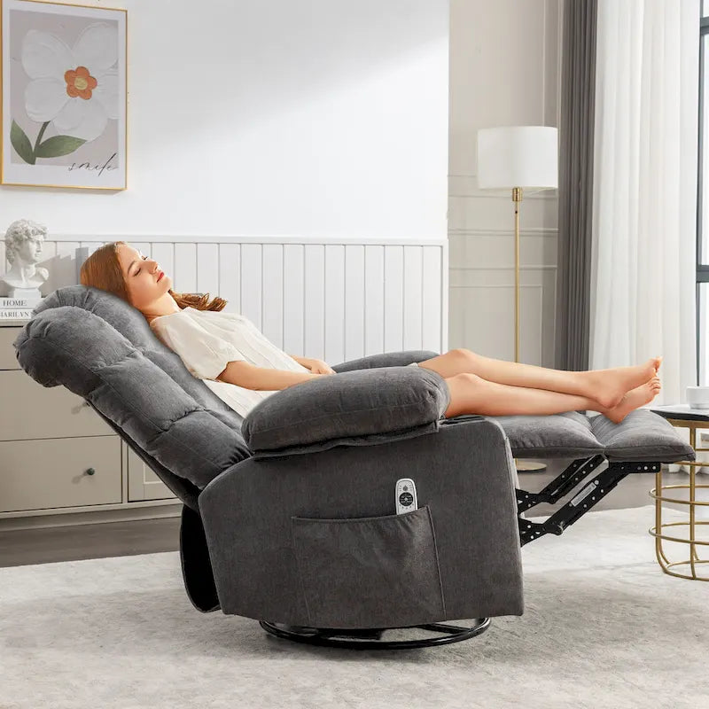 Fauteuil inclinable gris surdimensionné avec fonctions de chauffage et de massage, inclinaison à 150°, bascule à 30°, port USB pour la recharge et 2 porte-gobelets